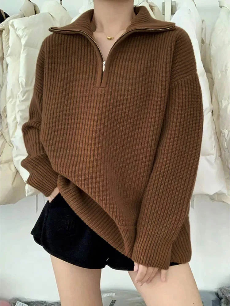 WW | Cozy thick knit sweater with zip-up collar for casual warmth