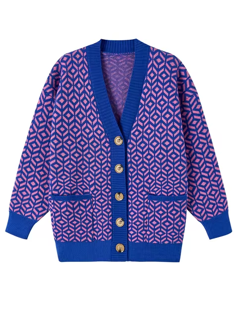 WW | Cozy knitted cardigan with geometric pattern and button placket