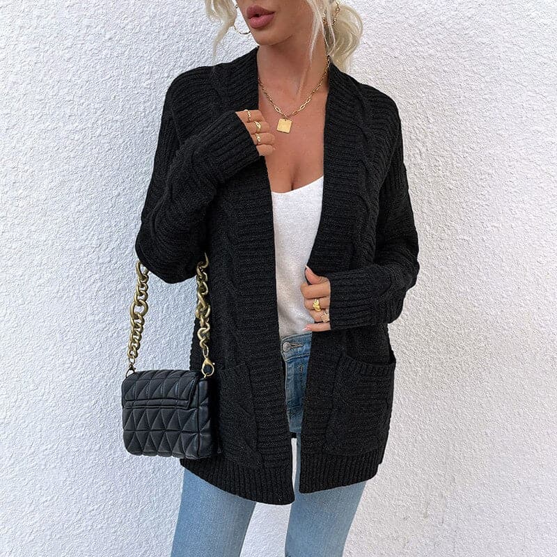 WW | Strickjacke Gestrickte Kabelmuster Offene Vorderseite Langärmlig Mit Taschen