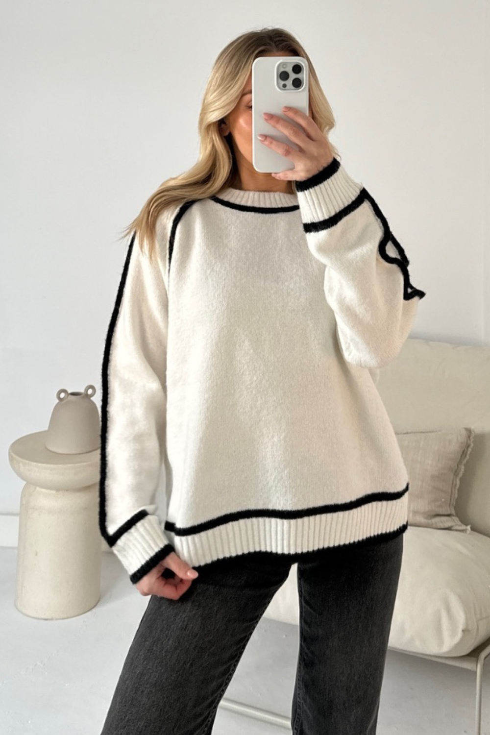 WW | Women's Turtleneck Sweater with Contrasting Seams - Casual Oversized Sweater