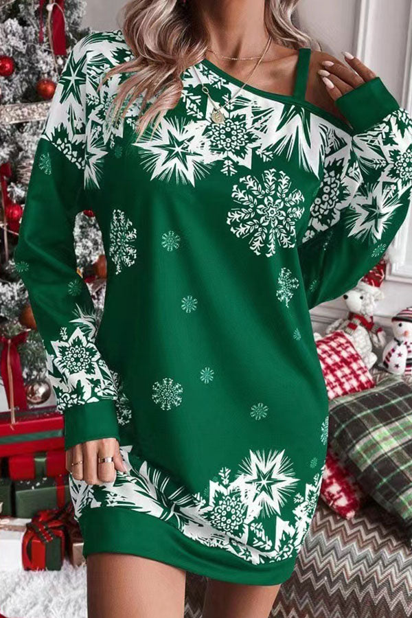 WW | Weihnachts-Schneeflocke Kalt-Schulter Lockeres Sweatshirt Mini Kleid