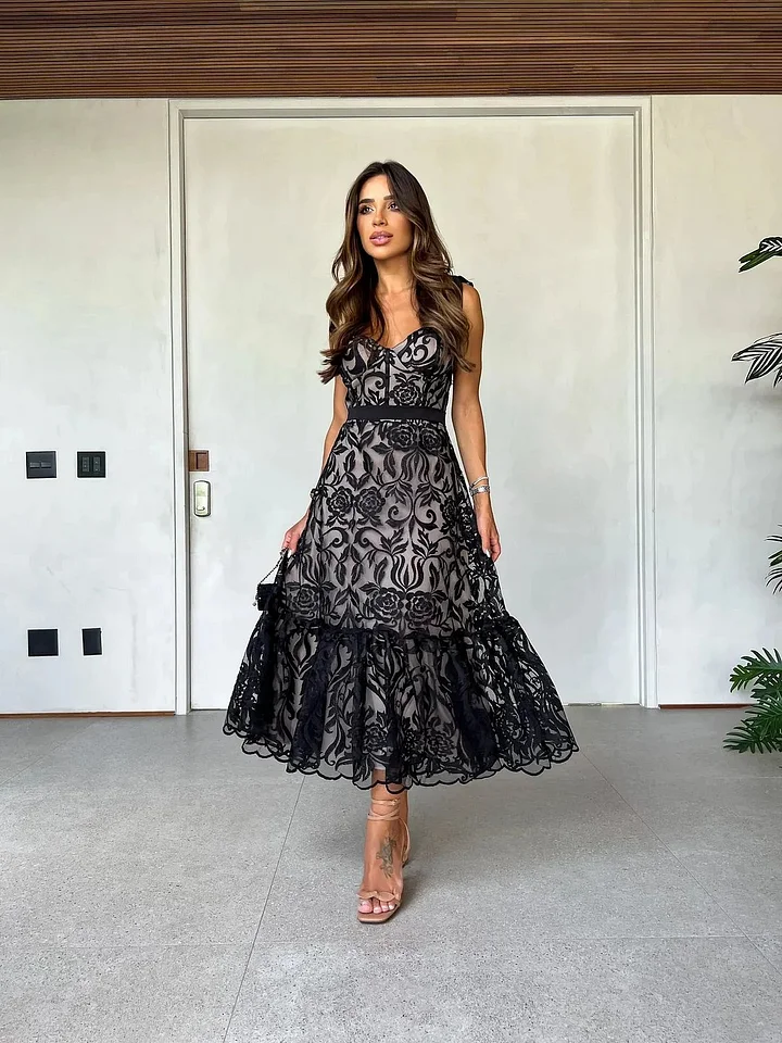 Alexandra - Patterned Black Sleeveless Midi Dress