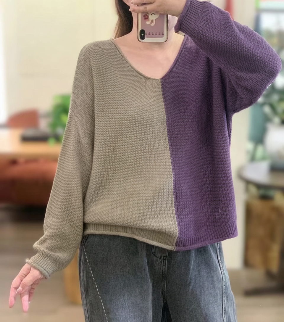 WW | Farbblock Pullover Lässig Fit Lange Ärmel