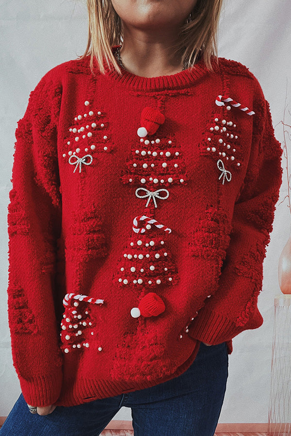 WW | Handgemachter Perlen-Weihnachtsthema-Pullover dreidimensionaler dekorativer Pullover