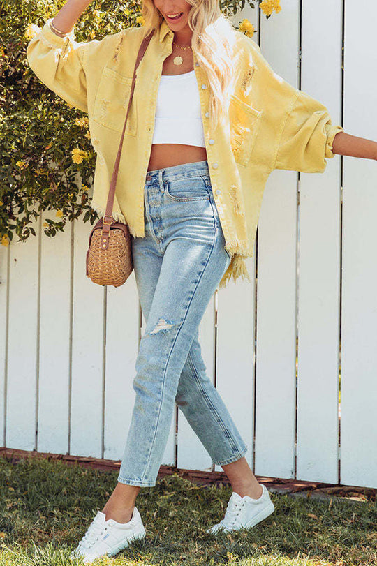 WW | Lapel Long Sleeve Ripped Denim Jacket
