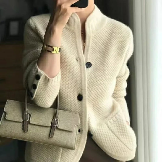 WW | Strickjacke Strickmuster Hoher Kragen Knöpfe & Taschen Langarm