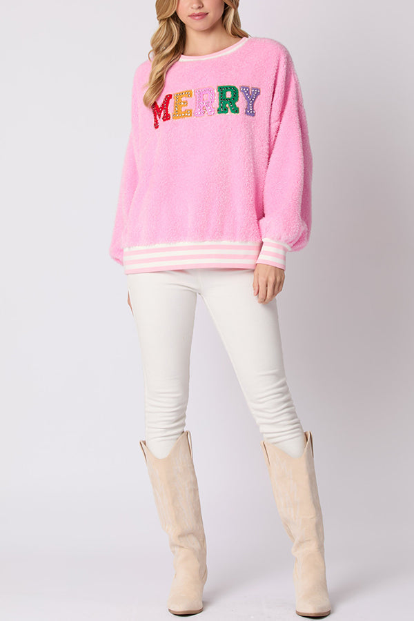 WW | Weihnachtsbuchstaben Strass Langarm Rundhalsausschnitt Sweatshirt