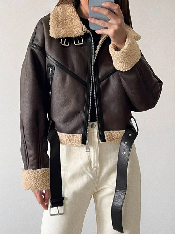 WW | Brown Lambswool Lined Leather Splice Short Jacket