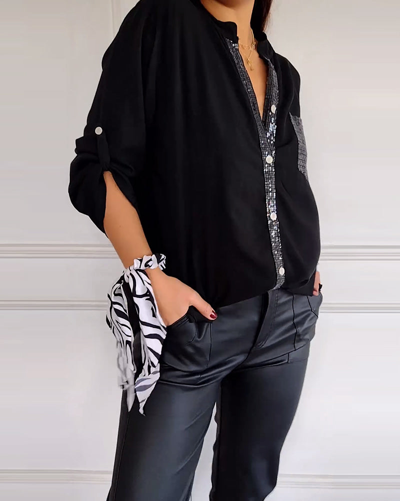 WW - Chic Blouse with Button Placket and Sequin Trim for Women | Elegant Long-Sleeved Blouse with Sequin Pocket