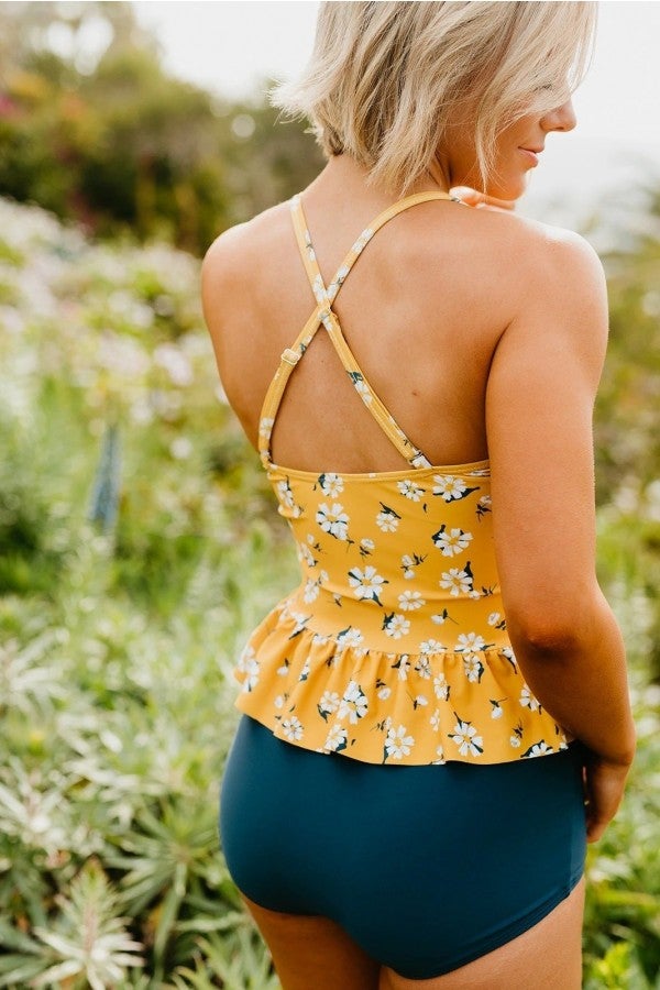 WW | Peplum Tankini Schwimmen In Senfgelb Gänseblümchen