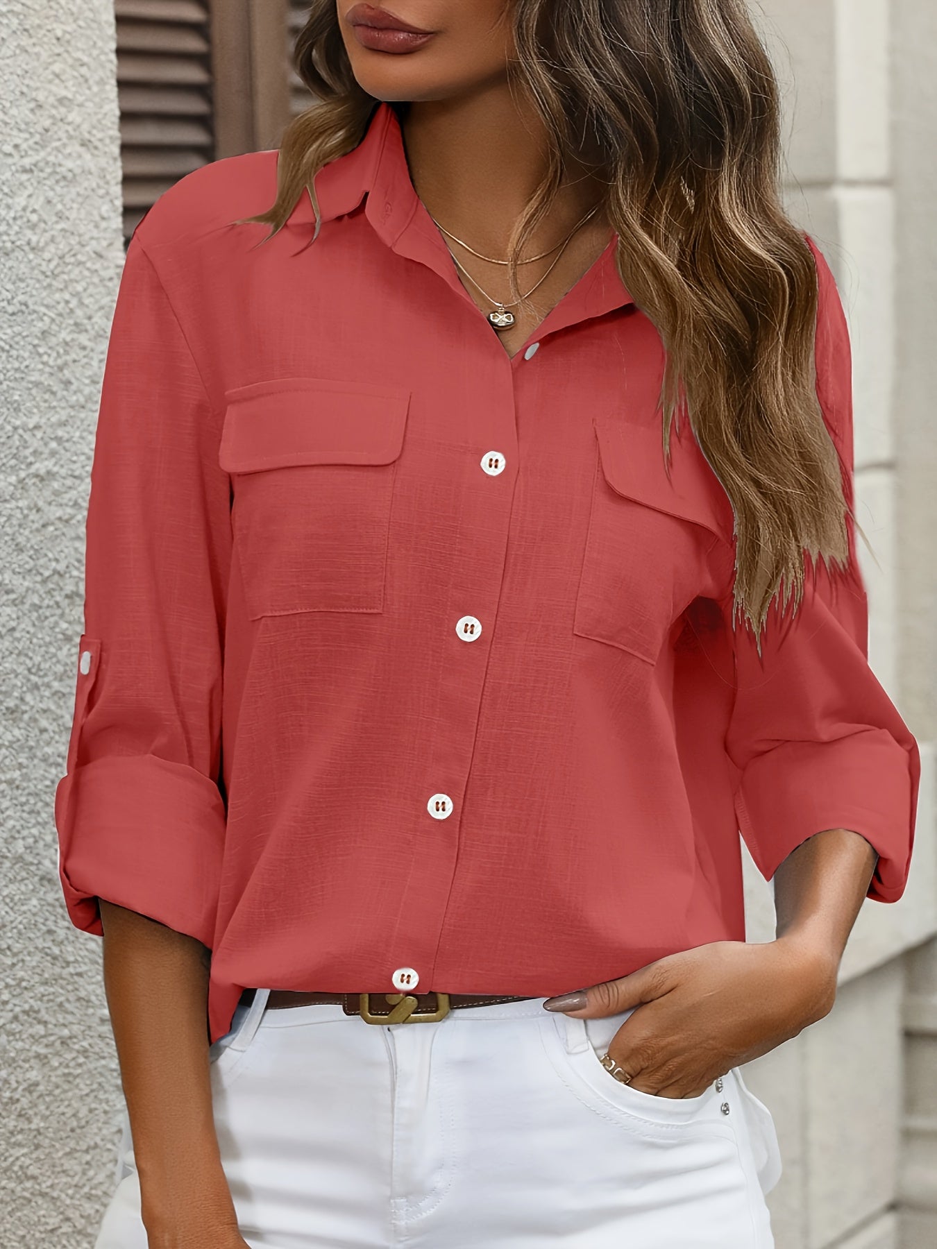 WW | Elegant Women's Cotton Blouse with Pockets and Long Sleeves