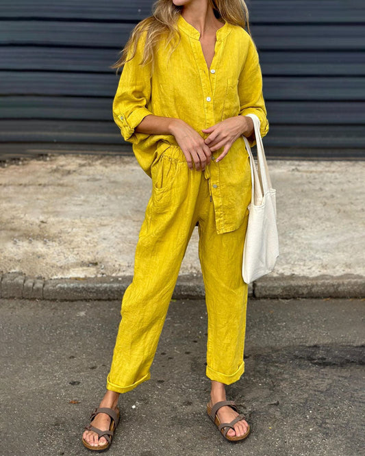 V-neck shirt and cotton trousers