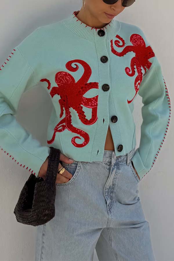 WW | Gemütliche Strickjacke für den Strand mit maritimem Oktopus-Design
