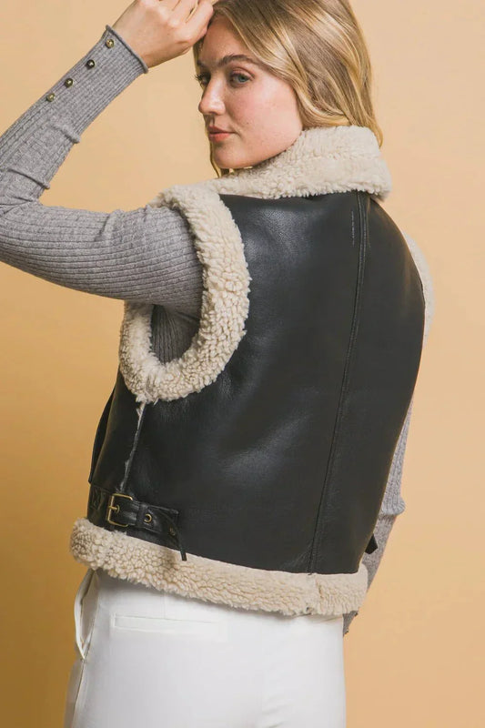 WW | Leather-Shearling Vest - Warm & Stylish - Vegan Leather - Casual Layering