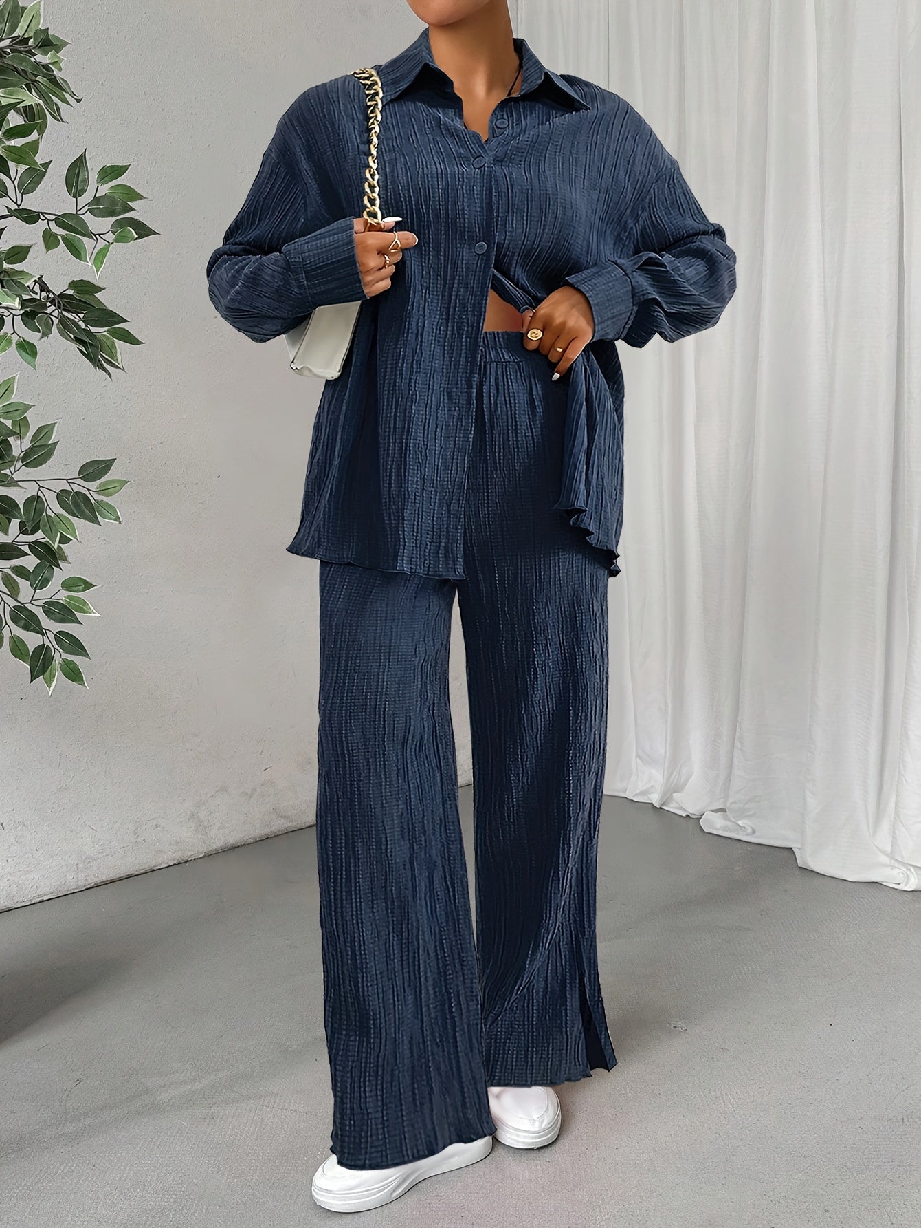 WW | Button-Down & Elastic Waistband Pants Outfit Set for Women - Ideal for Fall/Winter