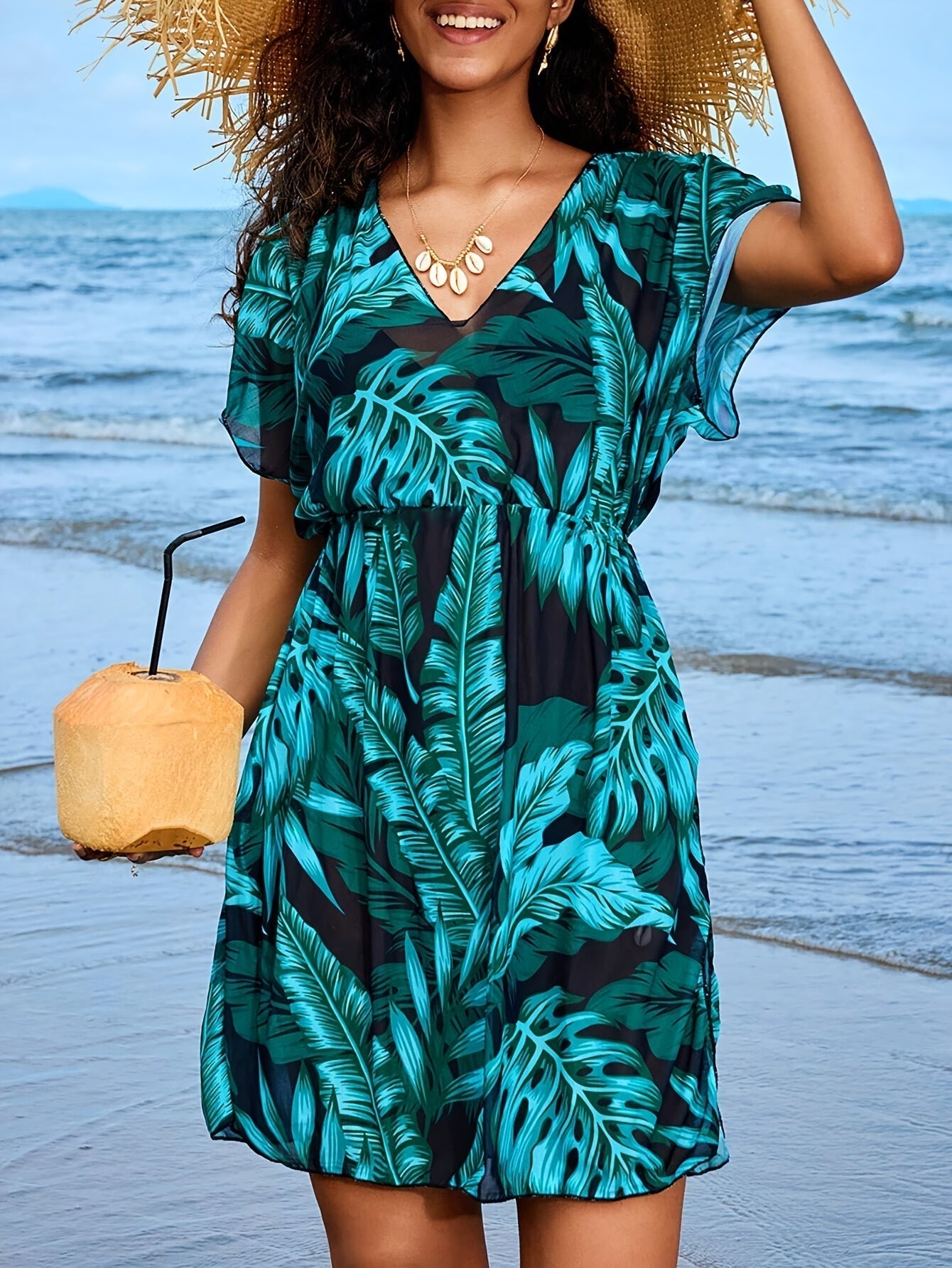 WW | Bohemian Strandkleid mit Porzellan Mini Druck und V-Ausschnitt