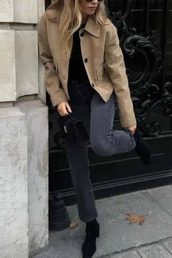 WW | Knopfverschluss Pocket Faux Suede Crop Jacke