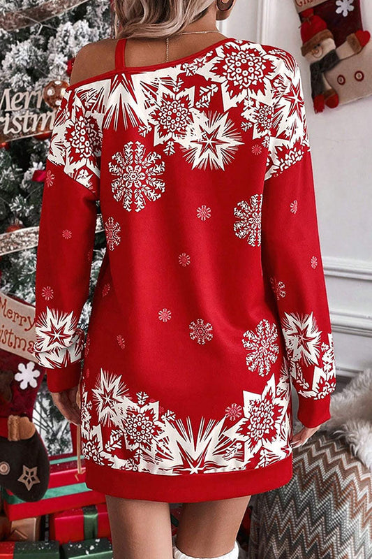 WW | Weihnachts-Schneeflocke Kalt-Schulter Lockeres Sweatshirt Mini Kleid