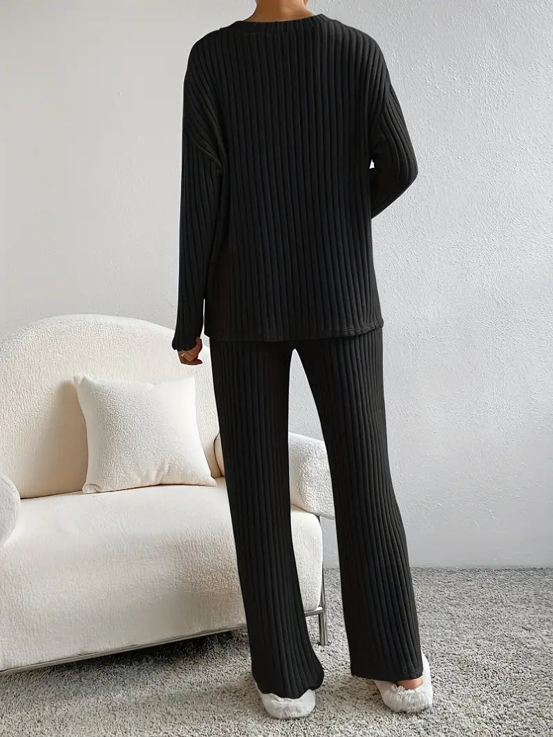WW 2-Piece Set | Elegant Ribbed Women's Suit with V-Neck Sweater and Matching Pants