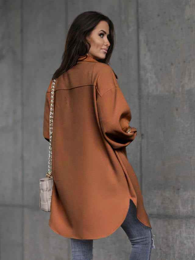 WW | Comfortable long shirt jacket with buttons, wool collar and lapels