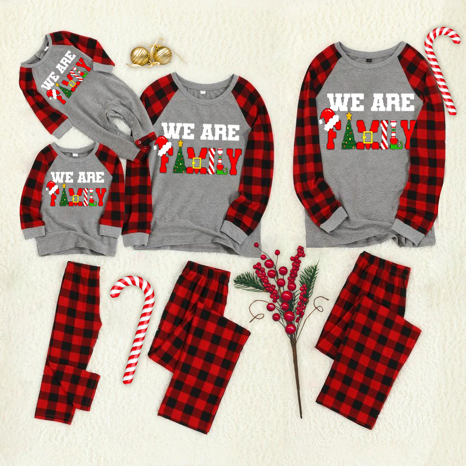 WW | Christmas Cartoon Cat Pattern "Meowy Christmas" Letter Print Contrast Top and Plaid Pants Family Matching Pajama Set with Dog Bandana