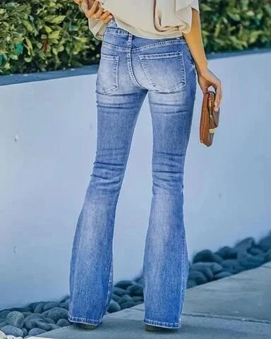 WW | Women's High-Waisted Flare Jeans with Button Fly, Figure-Hugging Cut, and Flared Leg for a Retro Style