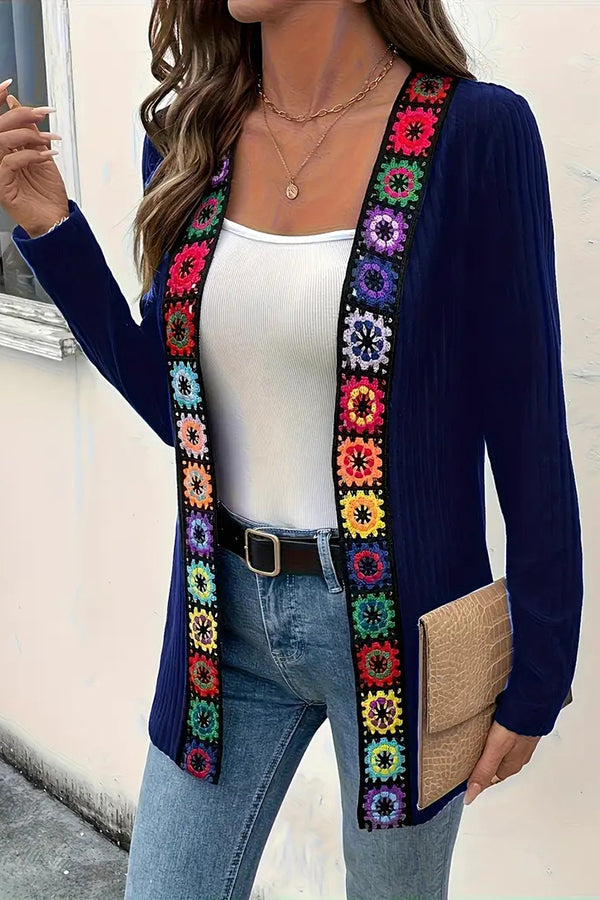 WW | Boho knit cardigan with floral trim and long sleeves