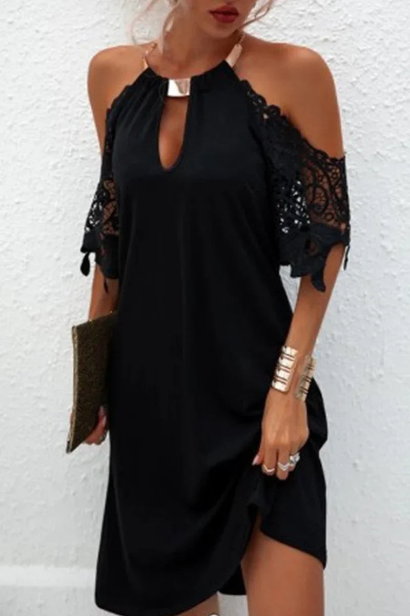 Naila - Elegant plain lace dress with metallic accessories and embellishments, including a waist belt