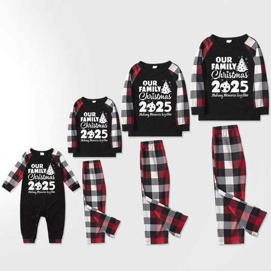 WW | Christmas Tree & "2025 Making Memories Together" Plaid Sleeve Contrast Tops and Red & Black & White Plaid Pants Family Matching Pajama Set With Dog Bandana