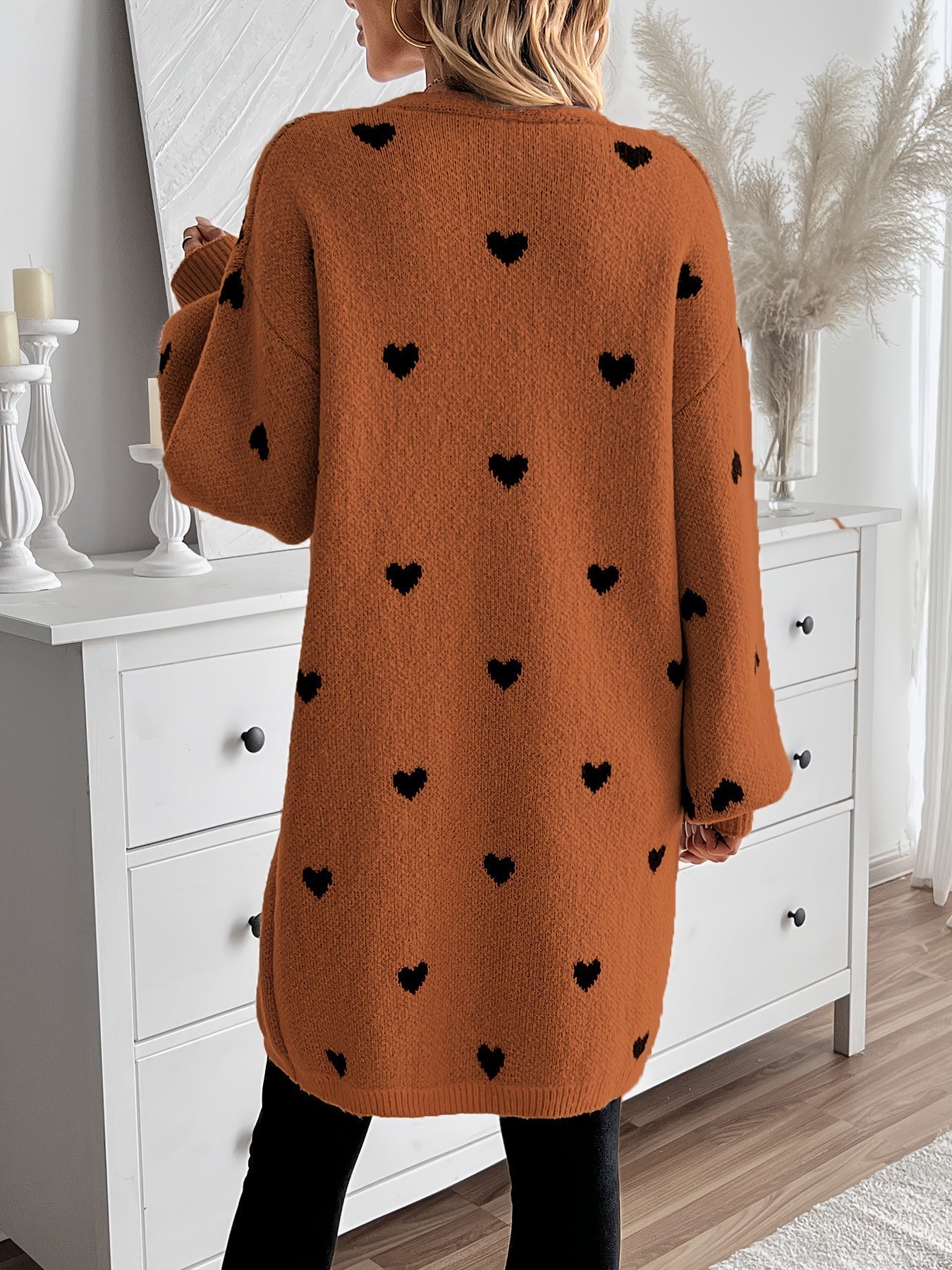 WW | Heart Pattern Long Length Wool Cardigan For Women - Ideal for Winter