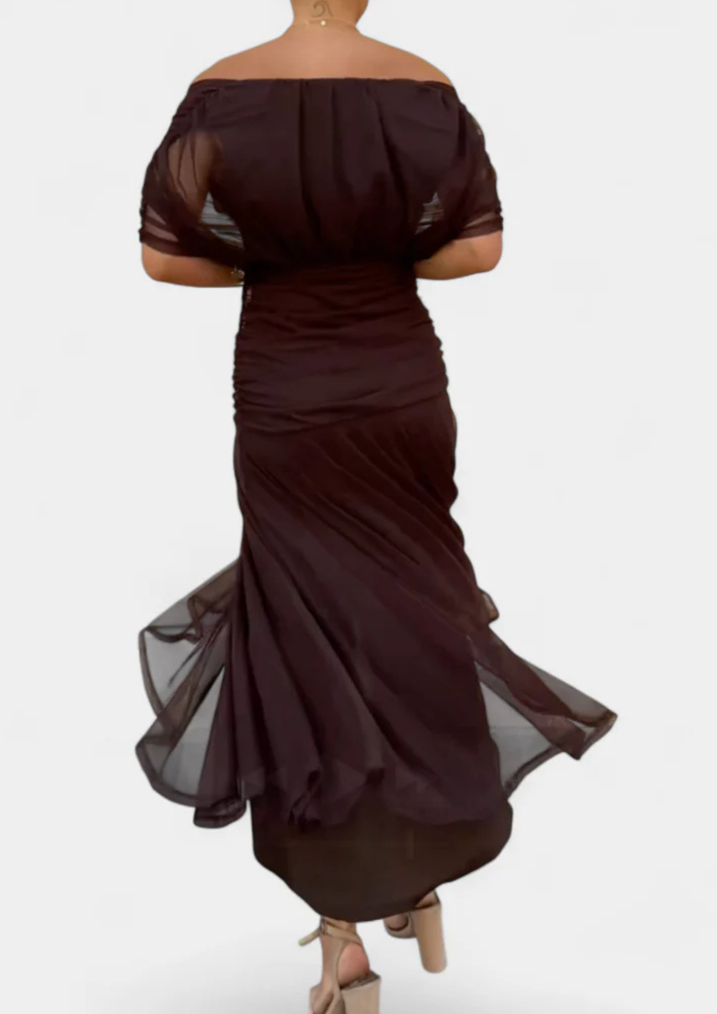 Aure Maxi Dress with Fantasy Floral Print and V-Neck - Chocolate
