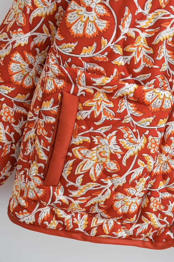 WW | Neck Floral Print Loose Quilted Cotton Jacket