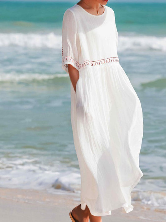 WW | Damen Besticktes Baumwoll Leinen Kleid