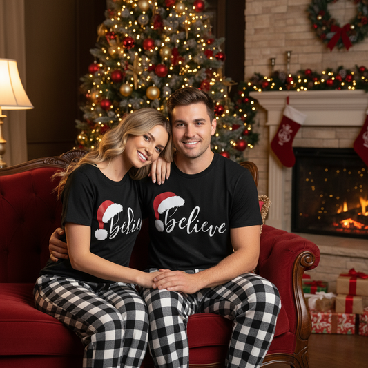 WW | Believe Couple Christmas Pajama Set - Black Top Black and White Plaid Pants White Text Graphic