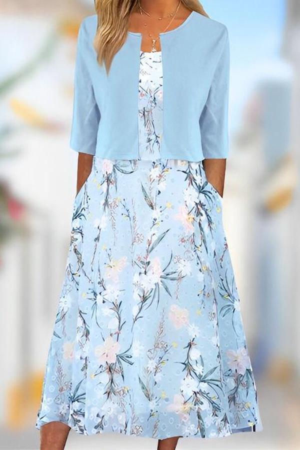 Unique midi dress with blue botanical pattern and jacket