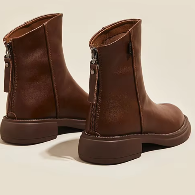 WW | Damen Stiefel Leder Ankle Boots mit Reißverschluss Hinten und Niedrigem Absatz