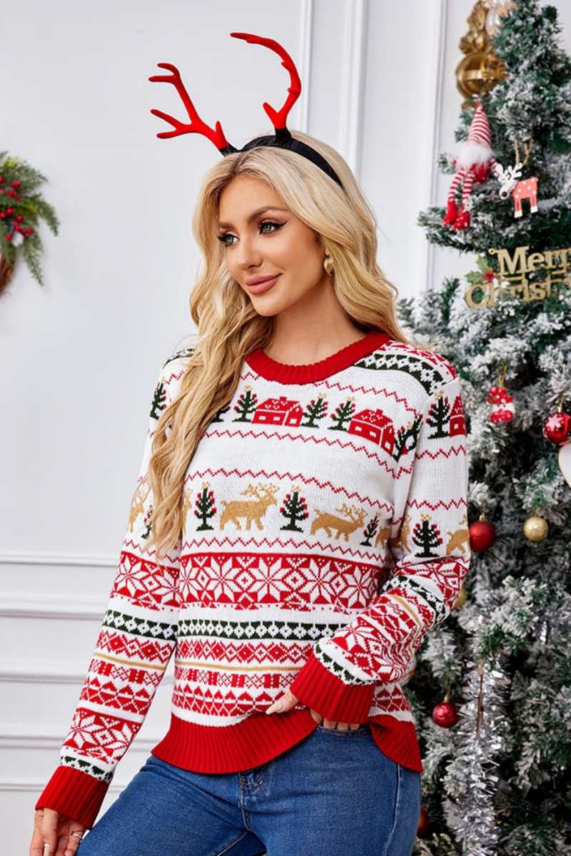 WW | Weihnachtlicher Rundhals bestickter Strickpullover