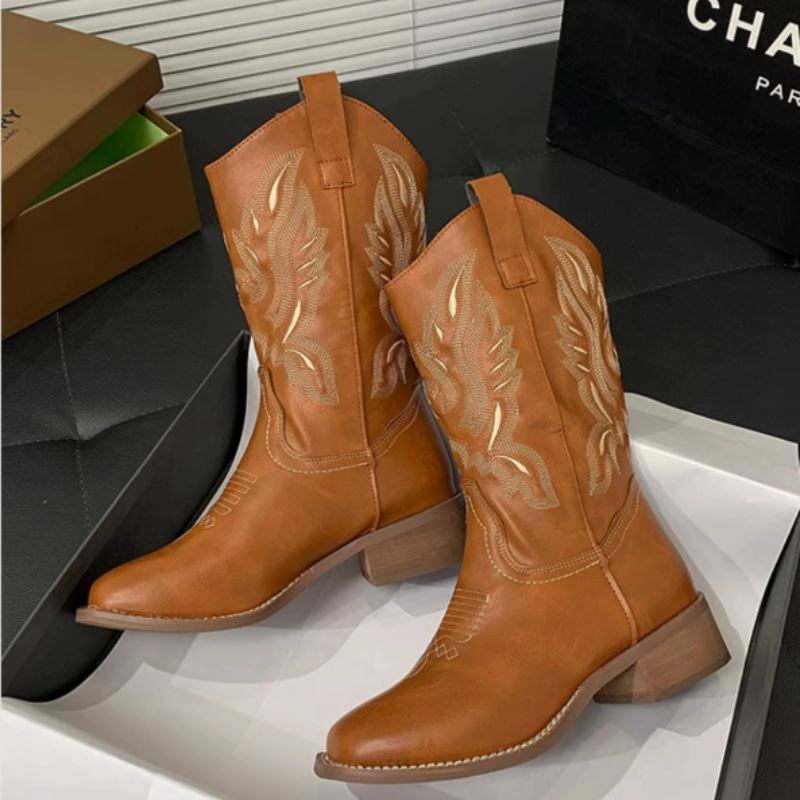 WW | Western Stil Stiefel Damen mit Spitzem Kopf und Blockabsatz, Cowboy Stiefel Damen