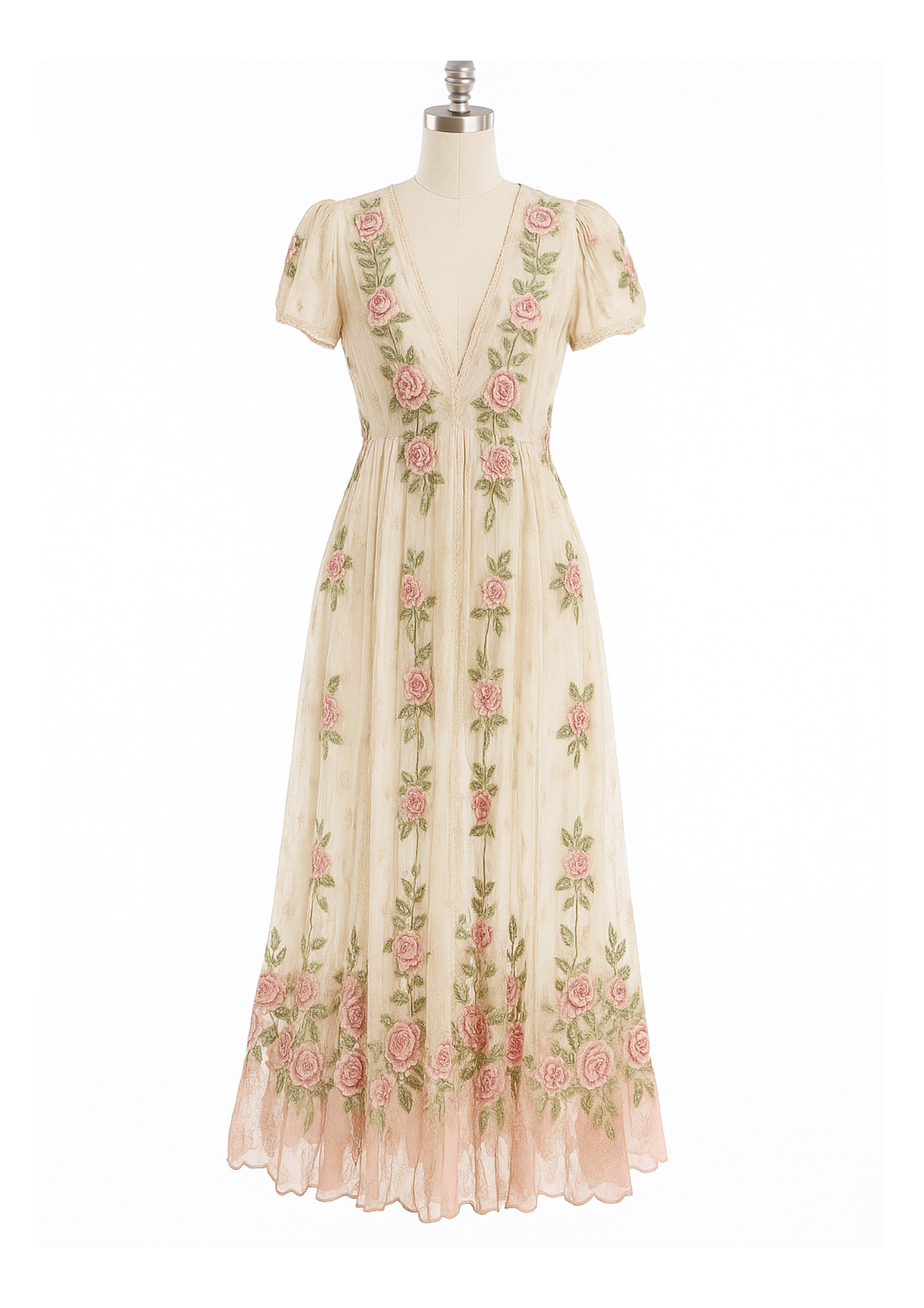 Elowena | Vintage Linen Maxi Dress with Floral Embroidery