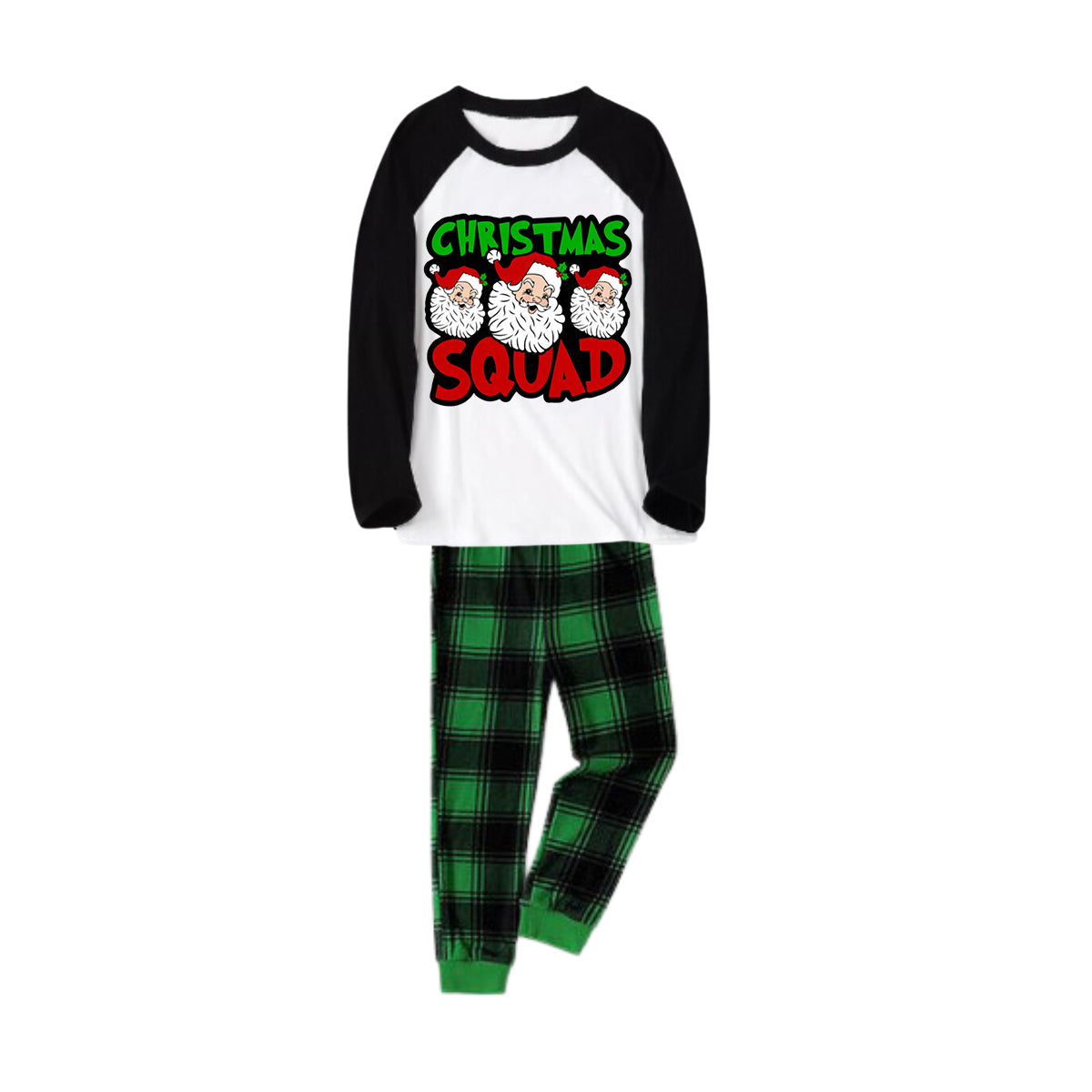 WW | "Christmas Group" and Santa Printed Green and Black Plaid Christmas Family Pajamas