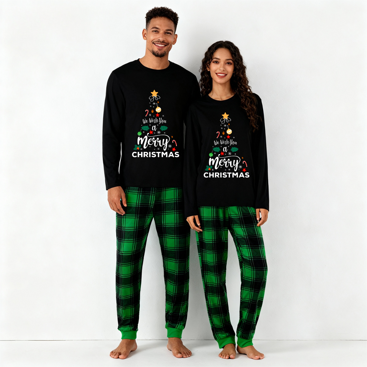 WW | "We wish you a Merry Christmas" Printed Pattern Black Long Sleeve Top with Black and Green Plaid Pants Family Matching Pajamas