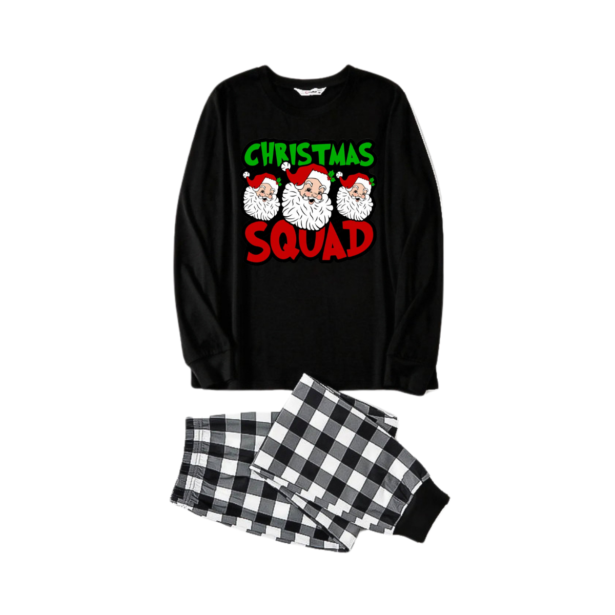 WW | "Santa Squad" and Santa Claus Print Black Long-Sleeve T-Shirt with Black and White Plaid Pants Family Matching Pajamas