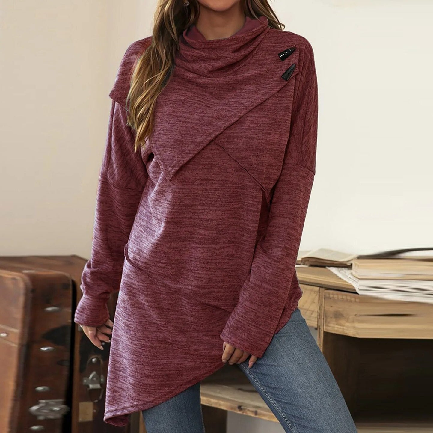 WW | Damen Hoodie - Langer Pullover mit Wickelkragen & Knopfdetails