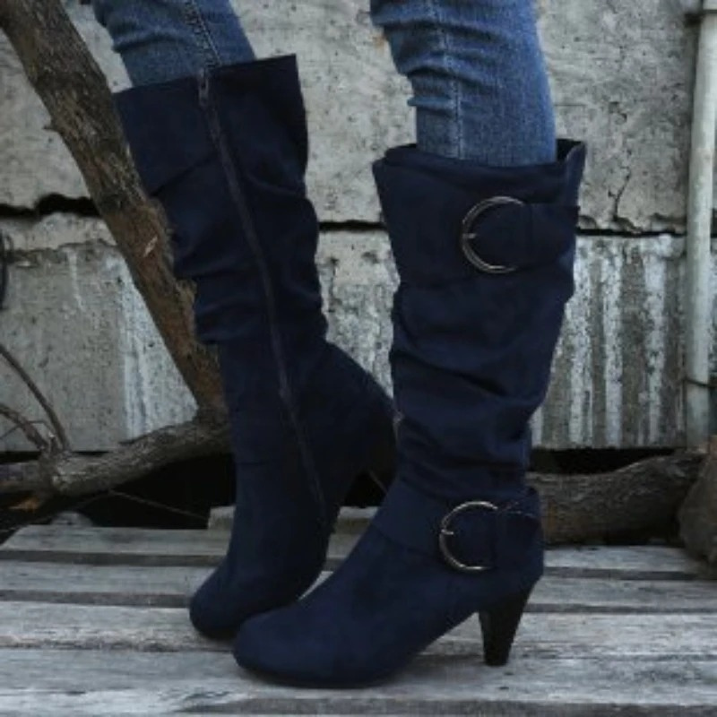 WW | Women's Knee-High Boots with Zipper and Buckle - Stylish Tall Boots
