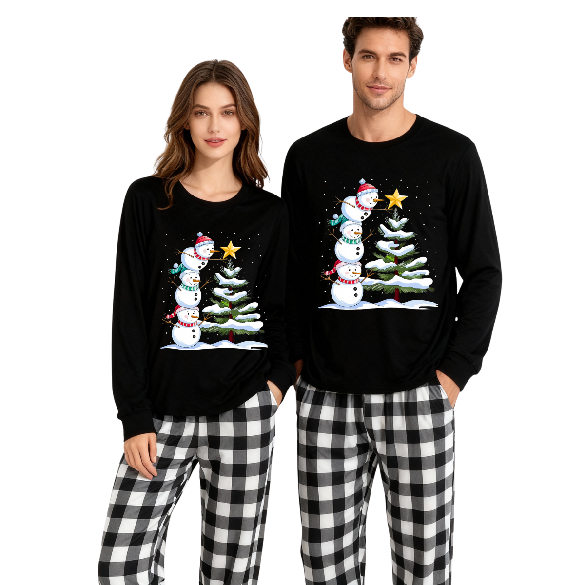 WW | Schwarz-weiß kariertes Weihnachts-Pyjama-Set mit Schneemann- und Weihnachtsbaumdruck