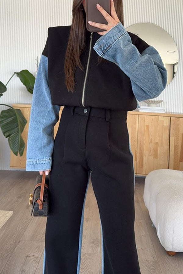 WW | Casual denim patchwork sweatshirt jacket with zipper