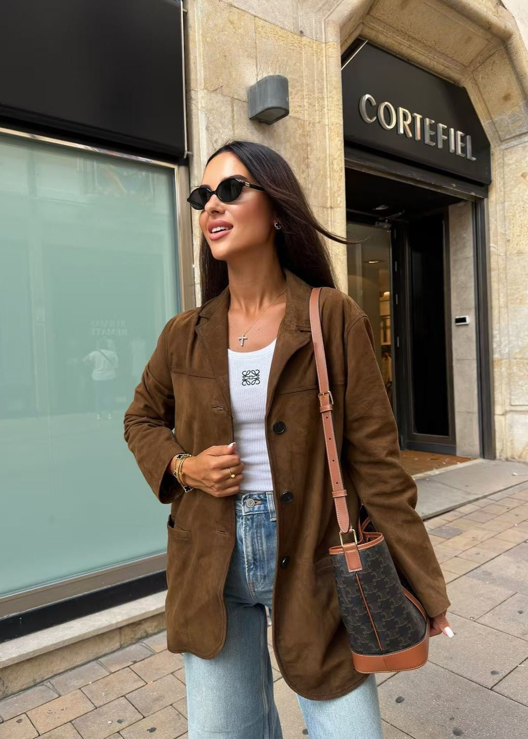 WW | Suede Button-Front Blazer with Flap Pockets