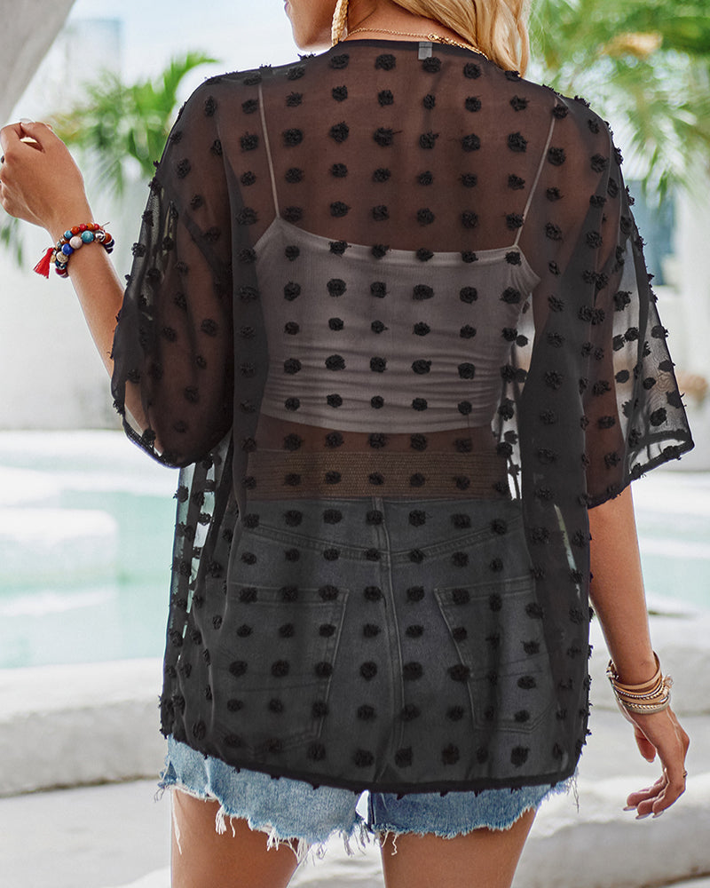 WW | Unifarben dünne Jacquard-Cardigan mit kurzen Ärmeln