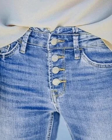 WW | Women's High-Waisted Flare Jeans with Button Fly, Figure-Hugging Cut, and Flared Leg for a Retro Style