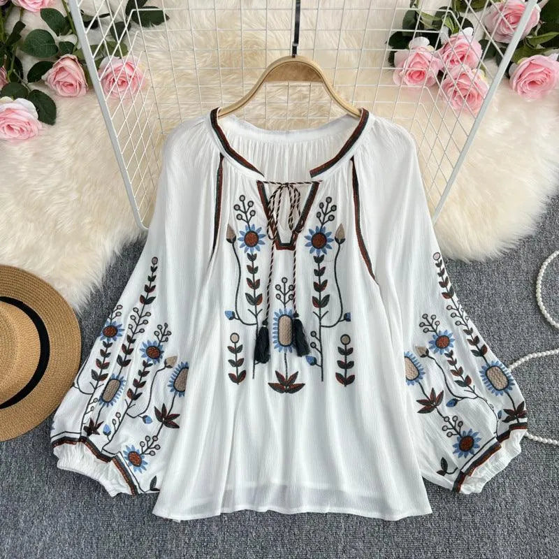 WW | Women's Round Neck Blouse with Embroidery